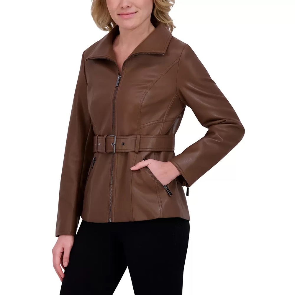 Worthington Tan Faux Leather Belted Jacket - Women's